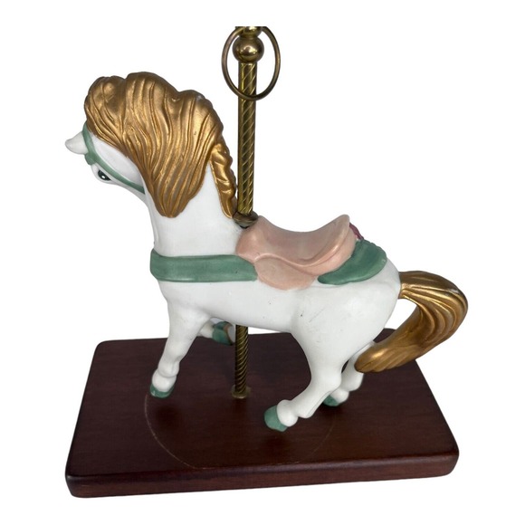 Paul Sebastian Ceramic White Carousel Horse Flowers Golden Mane & Tail Wood Base - Picture 5 of 10